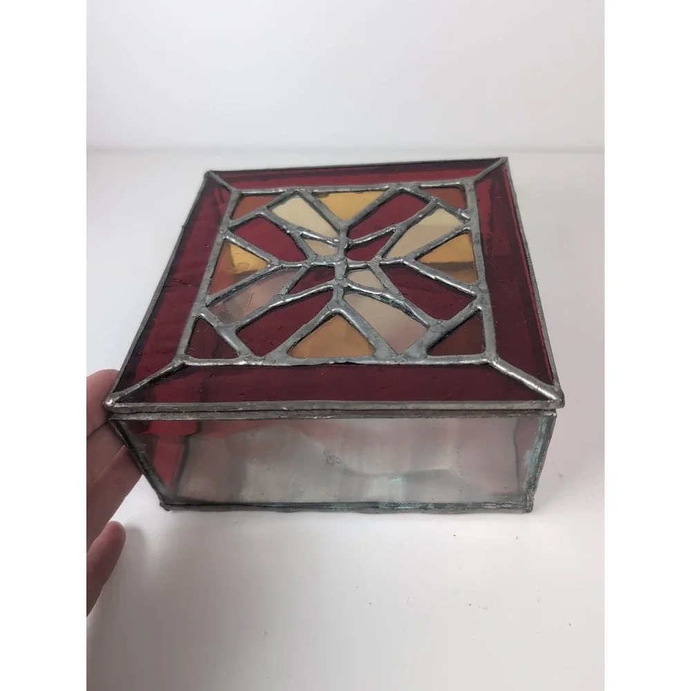 Stained Glass Trinket Box W/Top Red/Yellow Handmade Vintage Jewelry Cosmic 6X6x3